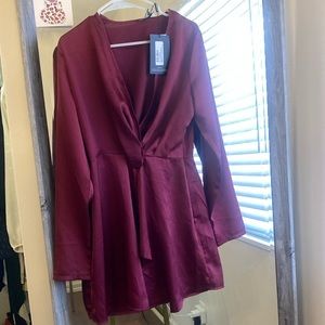 Pretty Little Thing - Burgundy Satin Long Sleeve Wrap Dress